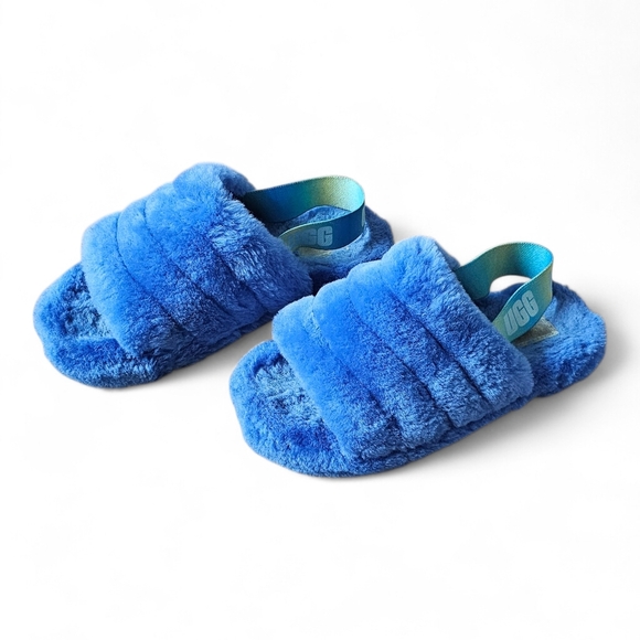 UGG Fluff Yeah Slide Sandals Blue Rainbow Strap Kids Size 4 - Picture 4 of 9